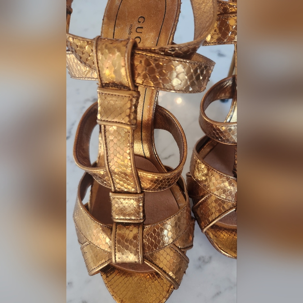 Gucci Metallic Gold Python Style Leather Platform… - image 3